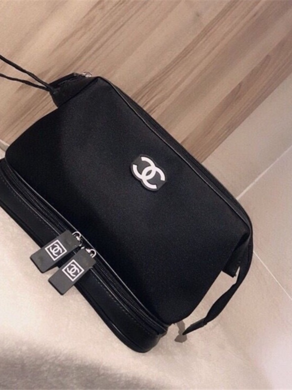 New Chanel Beaute Cosmetic Makeup Bag Pouch Clutch Sparkling BLACK Double Zipper
